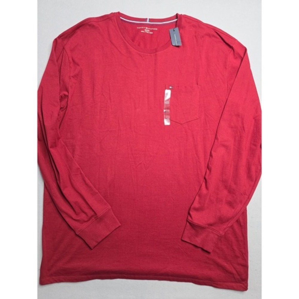 Tommy Hilfiger T-Shirt Men's 3XL Red 100% Cotton Pocket Long Sleeve Crew Neck
